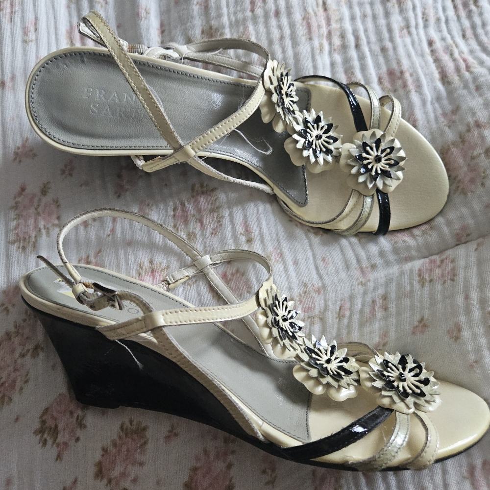 Franco Sarto Floral Cream and Black Wedges